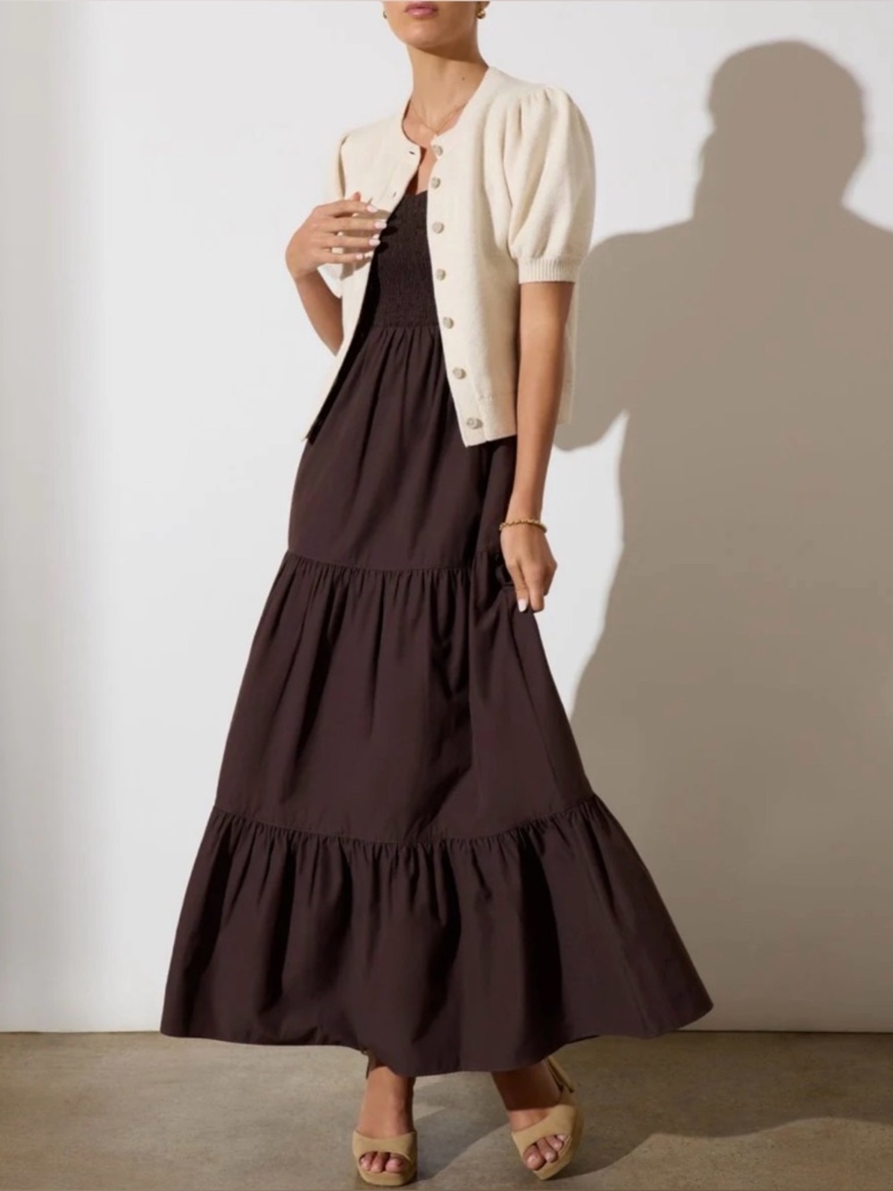 Summertime Resort Ready Smocked Brown Feminine 3Tired Silhouette Maxi DressSmall - Picture 8 of 15